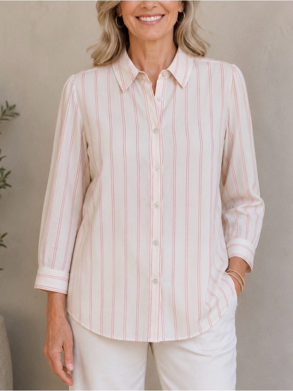 Chico's Womens Stripe Button Front Easy Shirt Pink Size 3, XL NWT N203